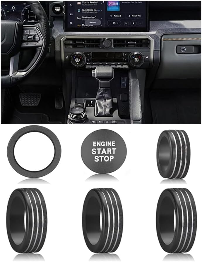 HDUFC For Toyota Tacoma 2024 2025/4Runner/4Runner Hybrid 2025 One Touch Start, Screen Center Console Button Knob Cover Ring Air Conditioner AC Switch Audio Aluminum Alloy Parts 6pcs (14-inch screen, black) - Image 1